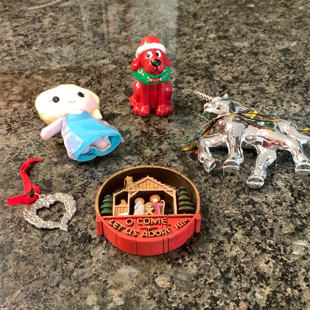 Ornament Bundle: Clifford, Frozen’s Elsa, Unicorn, Pewter Heart, Nativity
